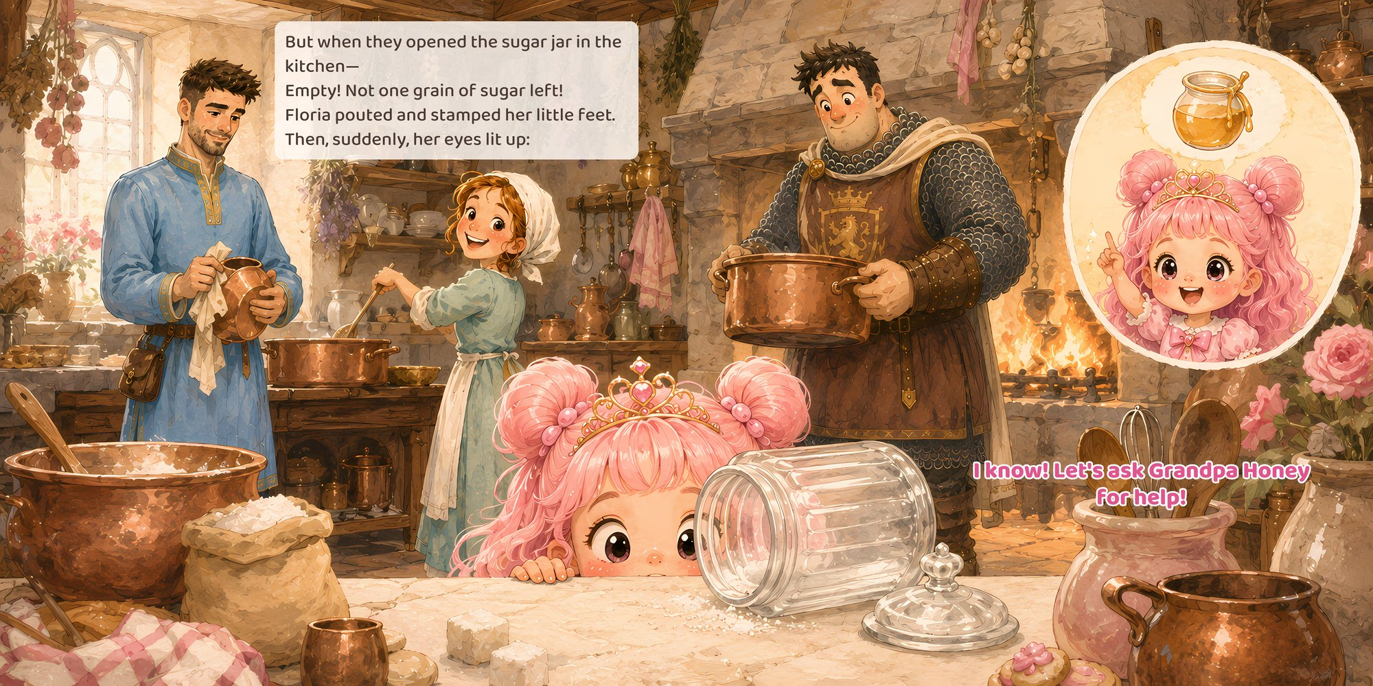 But when they opened the sugar jar in the kitchen— Empty! Not one grain of sugar left! Floria pouted and stamped her little feet. Then, suddenly, her eyes lit up: I know! Let's ask Grandpa Honey for help!