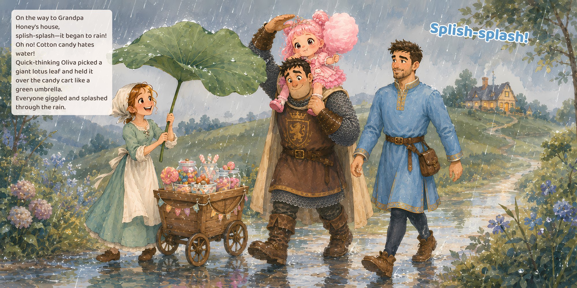 On the way to Grandpa Honey's house, splish-splash—it began to rain! Oh no! Cotton candy hates water! Quick-thinking Oliva picked a giant lotus leaf and held it over the candy cart like a green umbrella. Everyone giggled and splashed through the rain.