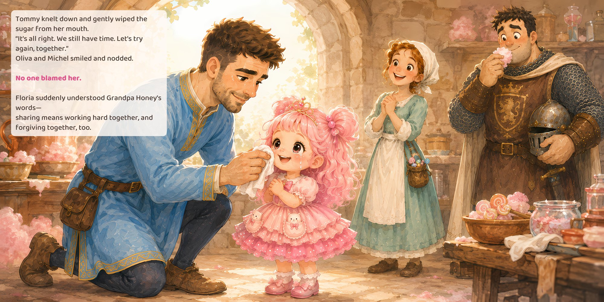 Tommy knelt down and gently wiped the sugar from her mouth. “It's all right. We still have time. Let's try again, together.” Oliva and Michel smiled and nodded. No one blamed her. Floria suddenly understood Grandpa Honey's words— sharing means working hard together, and forgiving together, too.